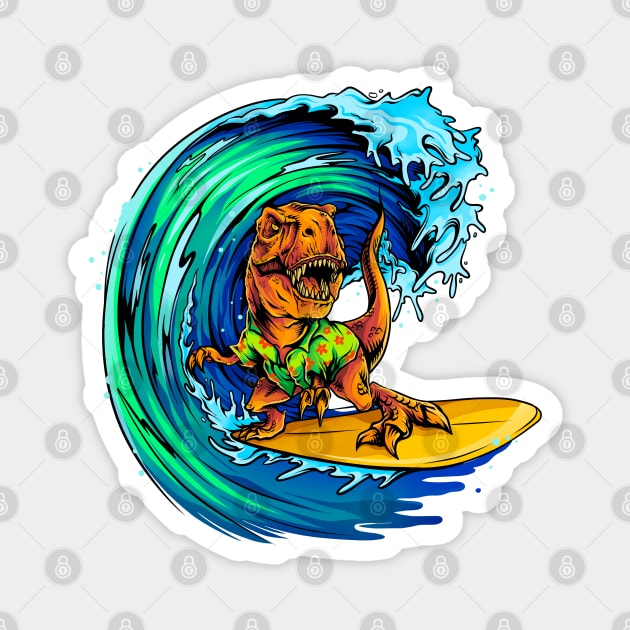 Dinosaur surfing ocean wave Magnet by LiquidLine