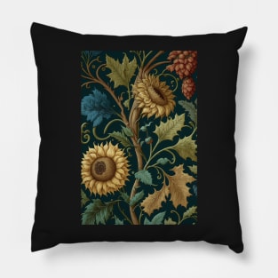 Floral Garden Botanical Print with Fall Gold Flowers Sunflowers and Leaves Pillow