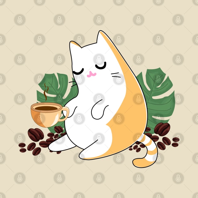 Ginger persian orange cute cat drinking coffee surrounded by leaves and beans of coffee by WorldOfMine