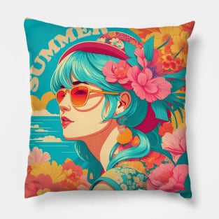 vintage pop-art Summer girl on flower beach Pillow