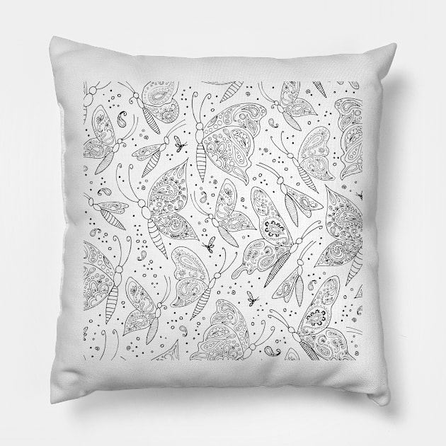 Paisley butterflies black and white Pillow by kobyakov