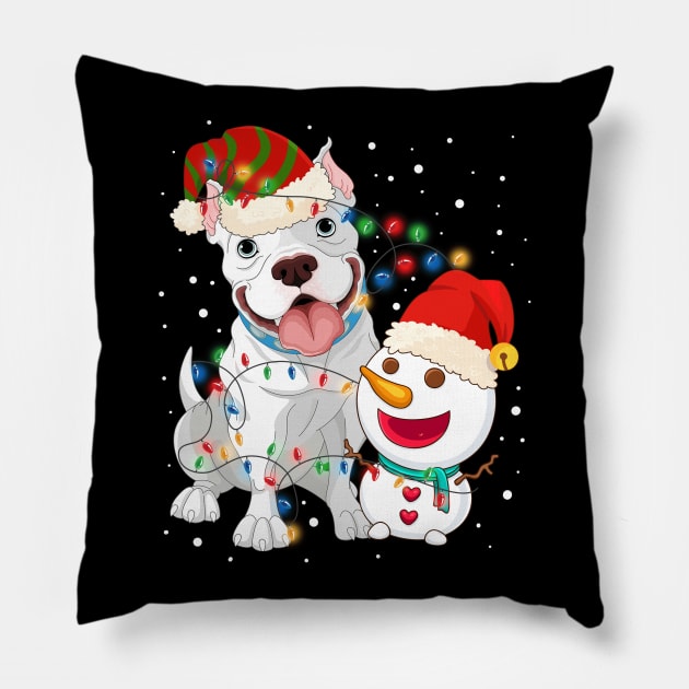 Funny Pitbull Dog Snowman wearing a santa hat Light Tree Christmas Pillow by mittievance