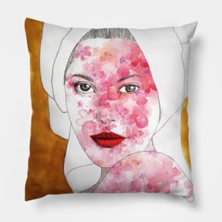 Original golden woman portrait with flowers Pillow