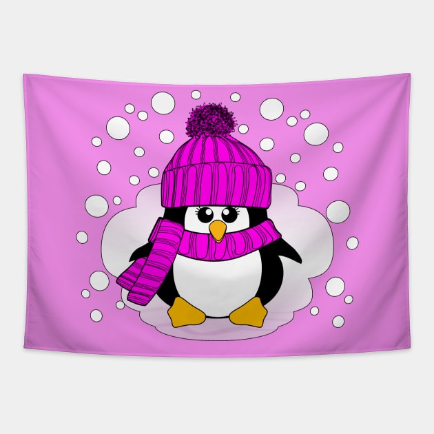 Christmas Penguin with Pink Hat and Scarf Tapestry by Krimbles