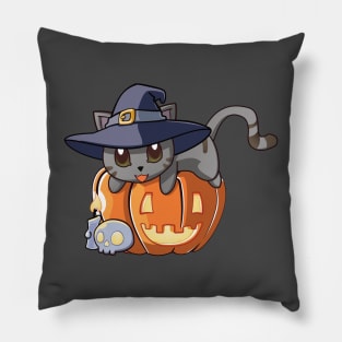 Grey Cat on a Pumpkin Pillow