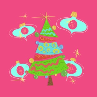 Christmas Tree with Blue Ornaments Vintage MCM Cartoony T-Shirt