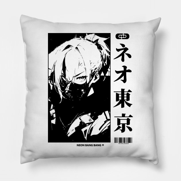 Vaporwave Cyberpunk Japanese Girl Techwear Pillow by Neon Bang Bang