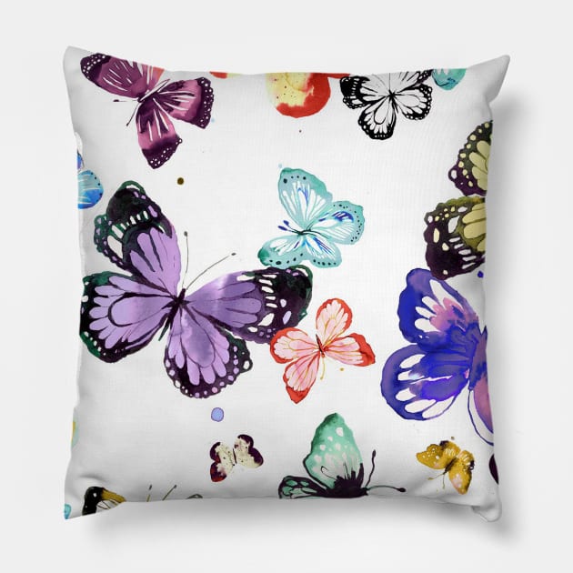 Pocket - WATERCOLOR BUTTERFLIES MULTI WHITE Pillow by ninoladesign