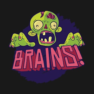 Brains a Green Head/ and Hands On Top of Brains Label On Purple Background Zombie T-Shirt