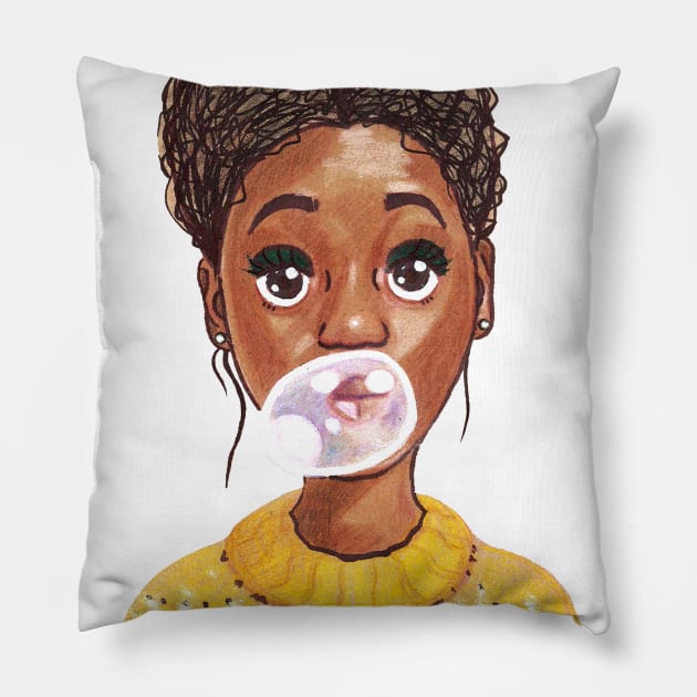 Afro-Amrican girl with chewing gum Pillow by tetiana12.art