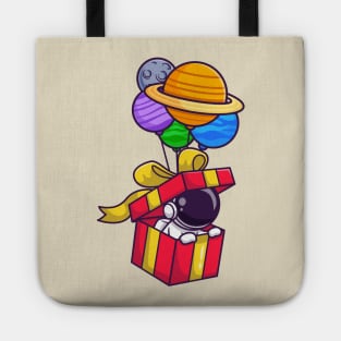 Cute Astronaut In Box Floating With Planet Balloon Cartoon Tote