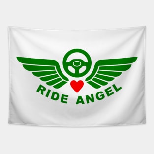 Ride Angel, graphic t-shirt with steering wheel and angel wings for volunteers drivers for helping people in need. Tapestry