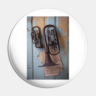 Two Old Rustic Horns Hanging On Door Pin