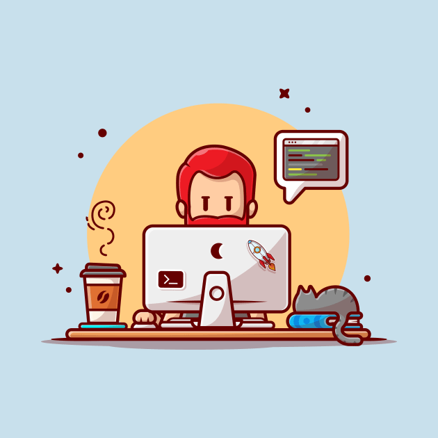 Man Working On Computer With Cat Cartoon Vector Icon Illustration by Catalyst Labs