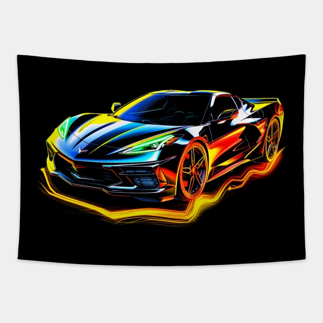 Black C8 Corvette racecar Reflection Supercar Sports car Racing car Tapestry by Tees 4 Thee