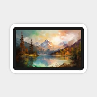 Majestic Peaks and Serene Lakes: A Vibrant Mountain Landscape Oil Painting #4 Magnet