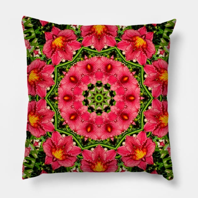 Mandala Kaleidoscope in Pink and Green Pillow by Crystal Butterfly Creations