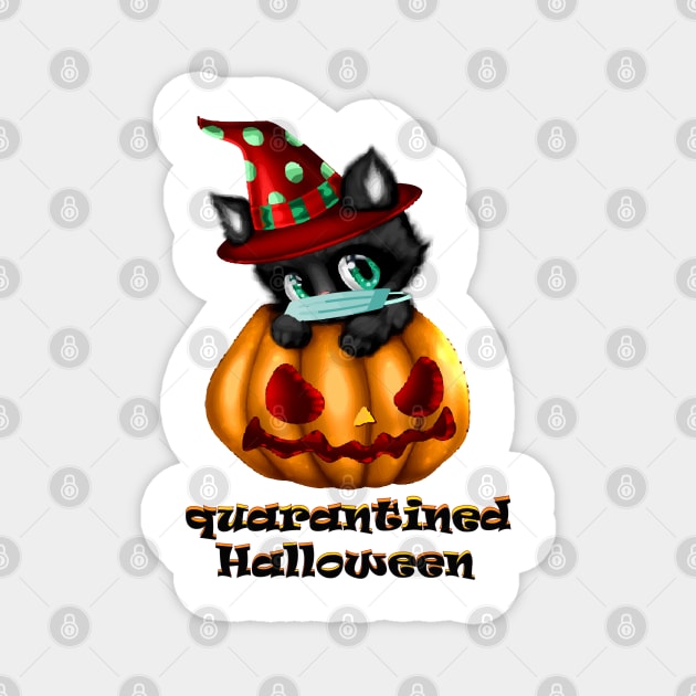 Quarantined Halloween, Pumpkin Cat Wearing Face Mask 2020 Magnet by Serotonin