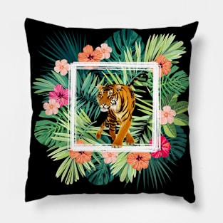 Tiger Big Cat, Tropical Palm Leaves Floral Pillow