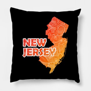 Colorful mandala art map of New Jersey with text in red and orange Pillow