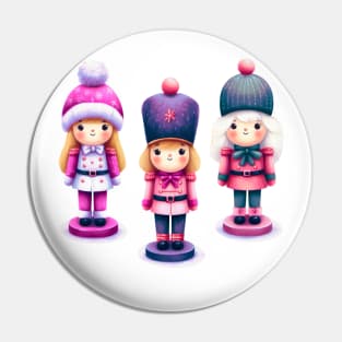 Offset Colorful Trio of Christmas Nutcracker Dolls - Pink, Purple, and White Pin