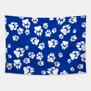 Wildcat Paw Prints Pattern White on Blue Digital Design Tapestry