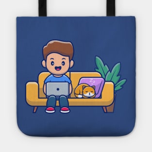 Male working on laptop and cat Tote