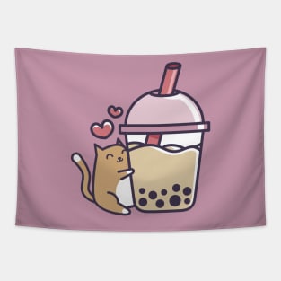 Bubble Tea - Cute Kawaii Cat Hugging Boba Tapestry