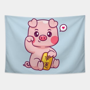 Cute Lucky Pig Holding Gold Coin Cartoon Tapestry