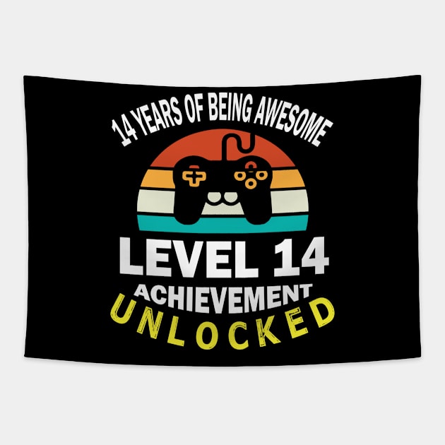 14 Years Of Being Awesome Level 14 Achievement Unlocked Birthday Gamer Son Brother Tapestry by bakhanh123