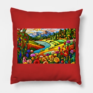 Stained Glass Colorful Mountain Flowers Pillow