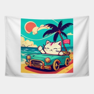 Race Car Kawaii Kitty Tapestry