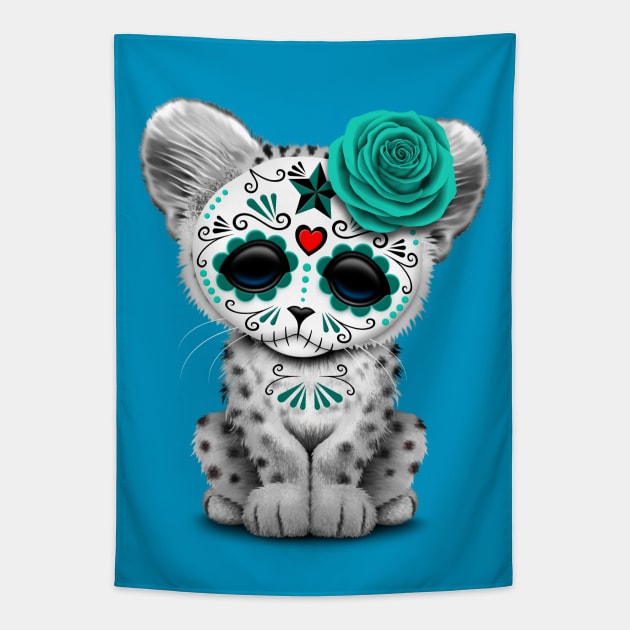 Blue Day of the Dead Sugar Skull Snow Leopard Cub Tapestry by jeffbartels