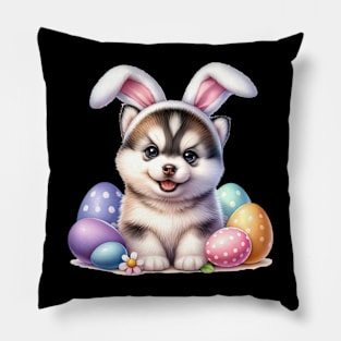 Puppy Siberian Husky Bunny Ears Easter Eggs Happy Easter Day Pillow