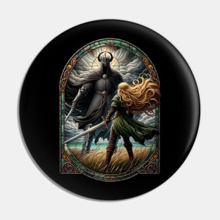 Epic Duel in Stained Glass - A Fierce Maiden and a Dark Wraith - Fantasy Pin