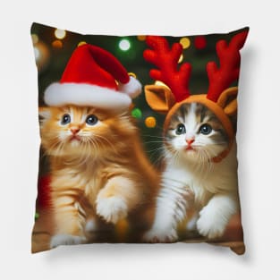 Cute kittens with Santa Claus and reindeer hats and Christmas tree Pillow