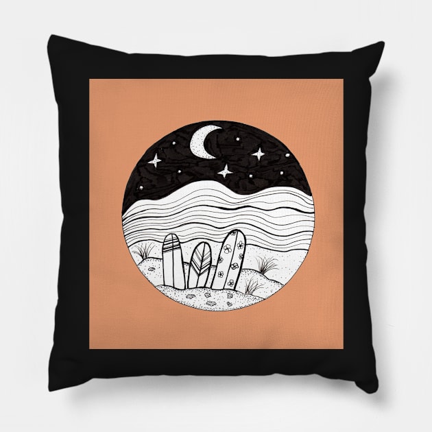 Surfboards at Night Ink Illustration with a coral background Pillow by Sandraartist