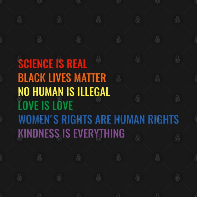 Science is real! Black lives matter! No human is illegal! Love is love! Women's rights are human rights! Kindness is everything! by jonathankern67