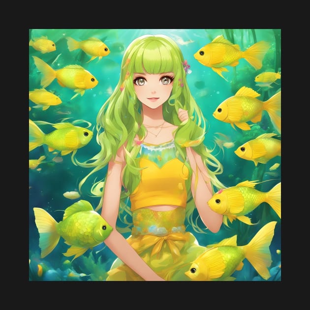 anime girl  collorfull with fish manga by animegirlnft