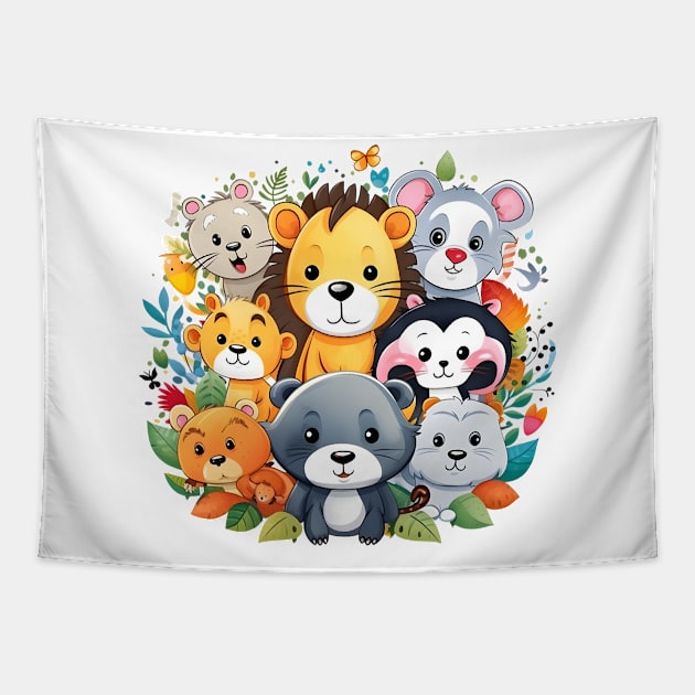 Cheerful Assembly of Cartoon Forest Animals Tapestry by AIHRGDesign