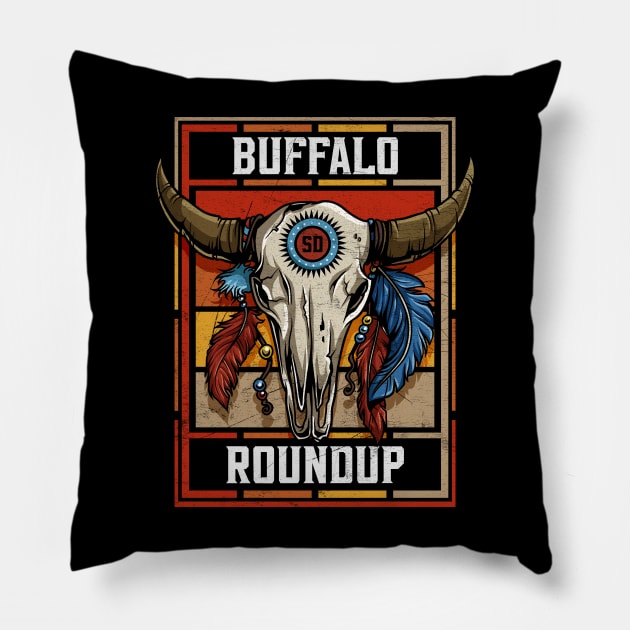 Buffalo Roundup Custer South Dakota Native American Bison Skull Pillow by SouthDakotaGifts