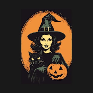 Vintage Retro Halloween Witch with Black Cat and Jack-O-Lantern T-Shirt