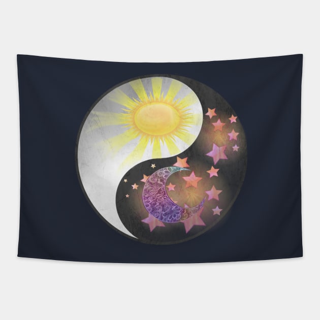 Yin & Yang Balance, Moon, Sun & Stars Graphic Spiritual Gifts Tapestry by tamdevo1