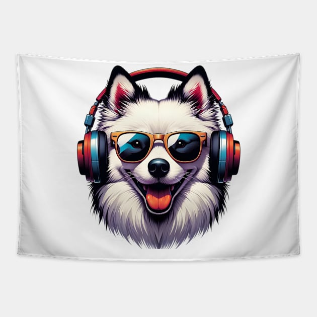 American Eskimo Dog Smiling DJ: Beats in Bright Style Tapestry by ArtRUs