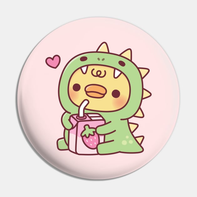 Duck In Cute Dinosaur Costume With Strawberry Milk Pin by rustydoodle