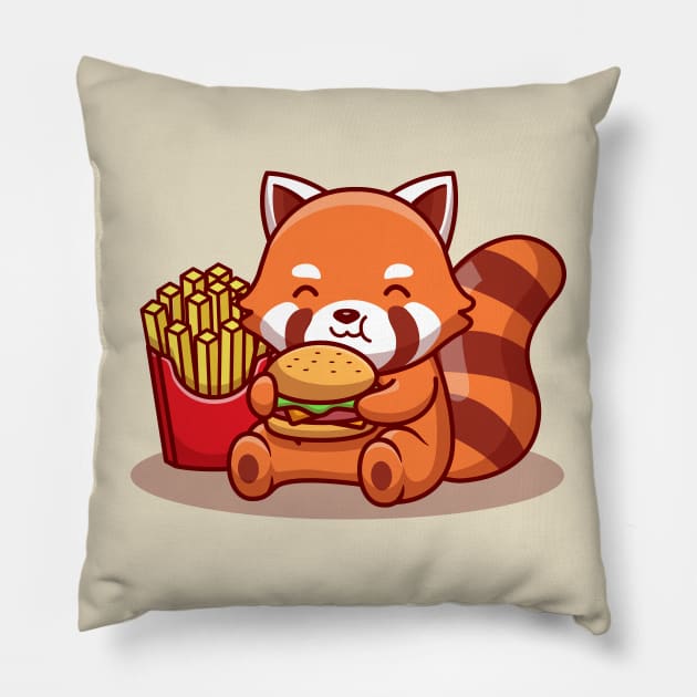 Cute Red Panda Eating Burger With Fries Pillow by Catalyst Labs