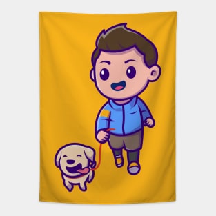 Cute Boy Jogging With Dog Cartoon Tapestry