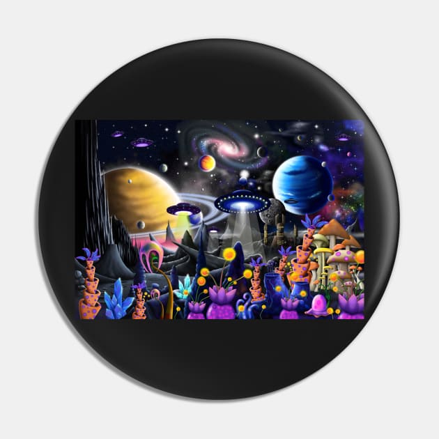 Alien Moon City Pin by GeraldNewtonArt