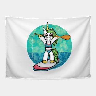 SUP Unicorn Blue on Paddleboard — Original Illustration Tapestry