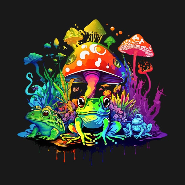 Frogs And Colorful Mushrooms by Fiery Shirt